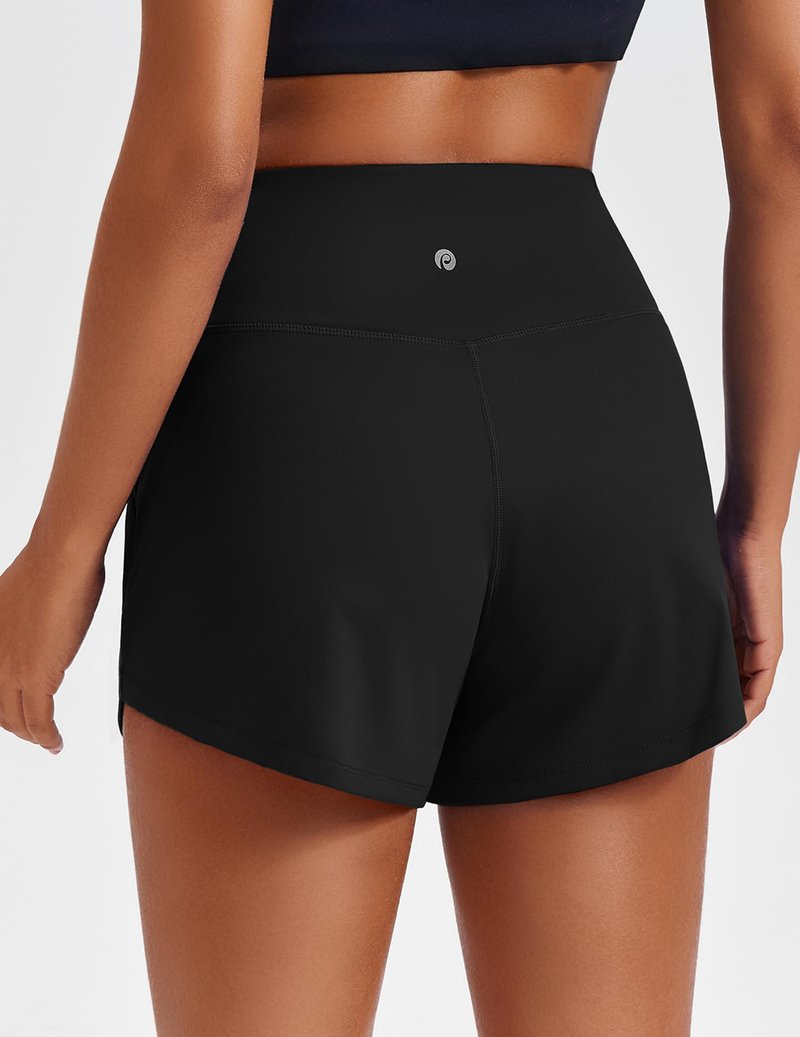 PINSPARK Womans Athletic Running Shorts Workout Sports Active Short Yoga Fitness 3.5" Inseam Soft Smooth Gym Shorts with Side Pockets, Black Medium