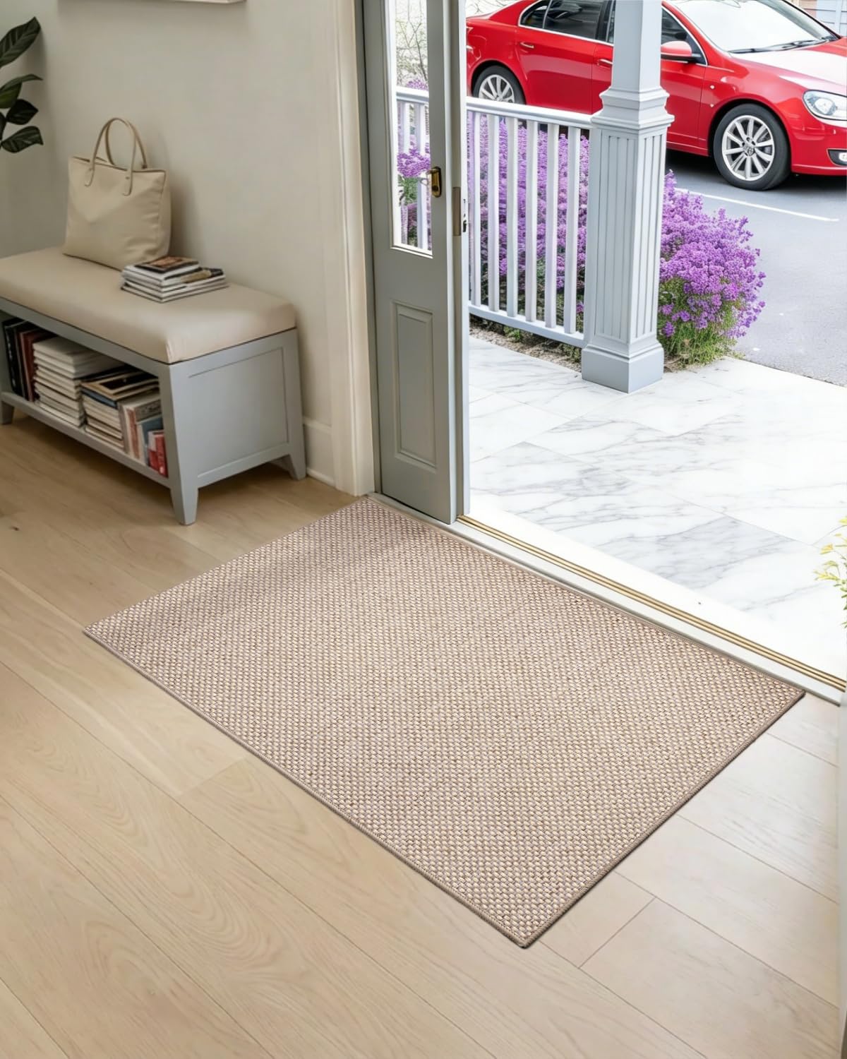HearthCraft Ultra Thin Front Door Mat, 24x36 Rug for Entryway Indoor, Non-Slip Low Profile Doormat with Rubber Backing, Durable Waterproof for Home, Patio, Porch, Beige