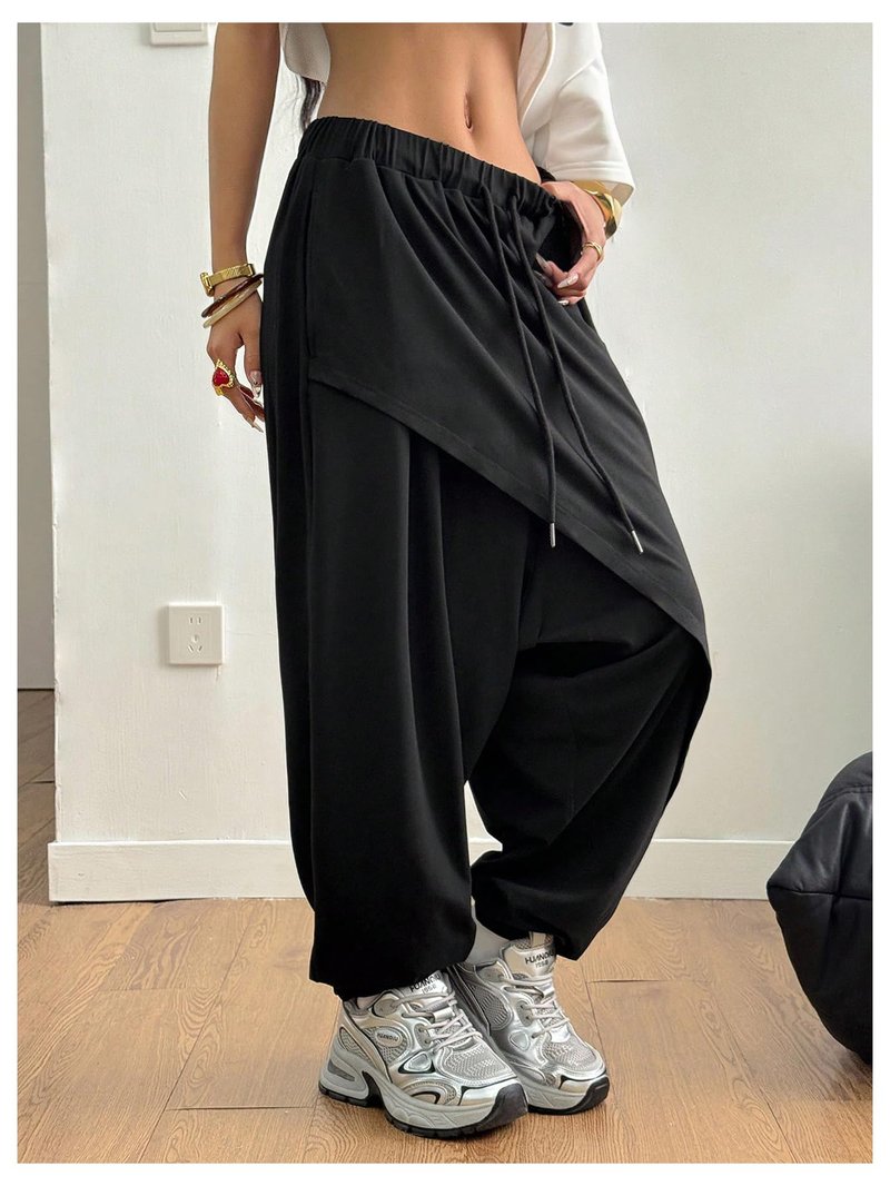 RoseSeek Women's Hippie Baggy Harem Pants Drawstring Waist Drop Crotch Trousers Asymmetrical Wrap Streetwear Black X-Large
