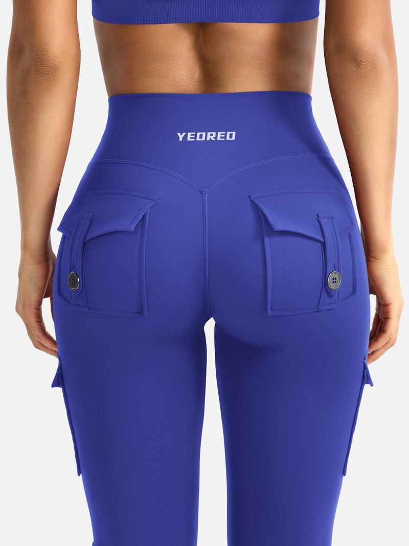 YEOREO CoreFlex Women Workout Flare Leggings with Pockets Hidden Scrunch High Waisted Cargo Gym Yoga Leggings Dazzling Blue S