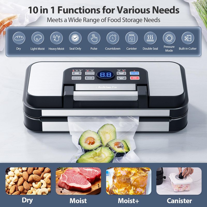 95Kpa Precision Pro Vacuum Sealer, with Double Heat Seal & Dual-Pump for Dry/Moist Food, 2X Strength, Food Vacuum Sealer Machine with Easy-Lock Handle, Built-in Cutter & Bag Storage, Stainless Steel