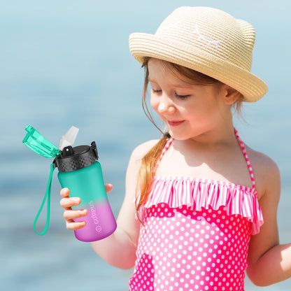 GOPPUS Kids Water Bottle with Straw Spout Lid 10pcs Stickers 12 oz Leak-proof BPA Free Motivational Time Marker Tritan Plastic Water Bottles for Girls Boys School Sports