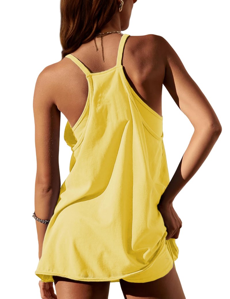 Lentta Womens Athletic Sleeveless Mini Dress with Built-in Shorts V Neck Spaghetti Strap Sundress(LightYellow-S)