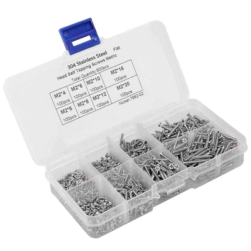 800 Pieces Self Tapping Screw, M2 Carbon Steel Nickel-Plated Cross Countersunk Head Self Tapping Screw Combination Set