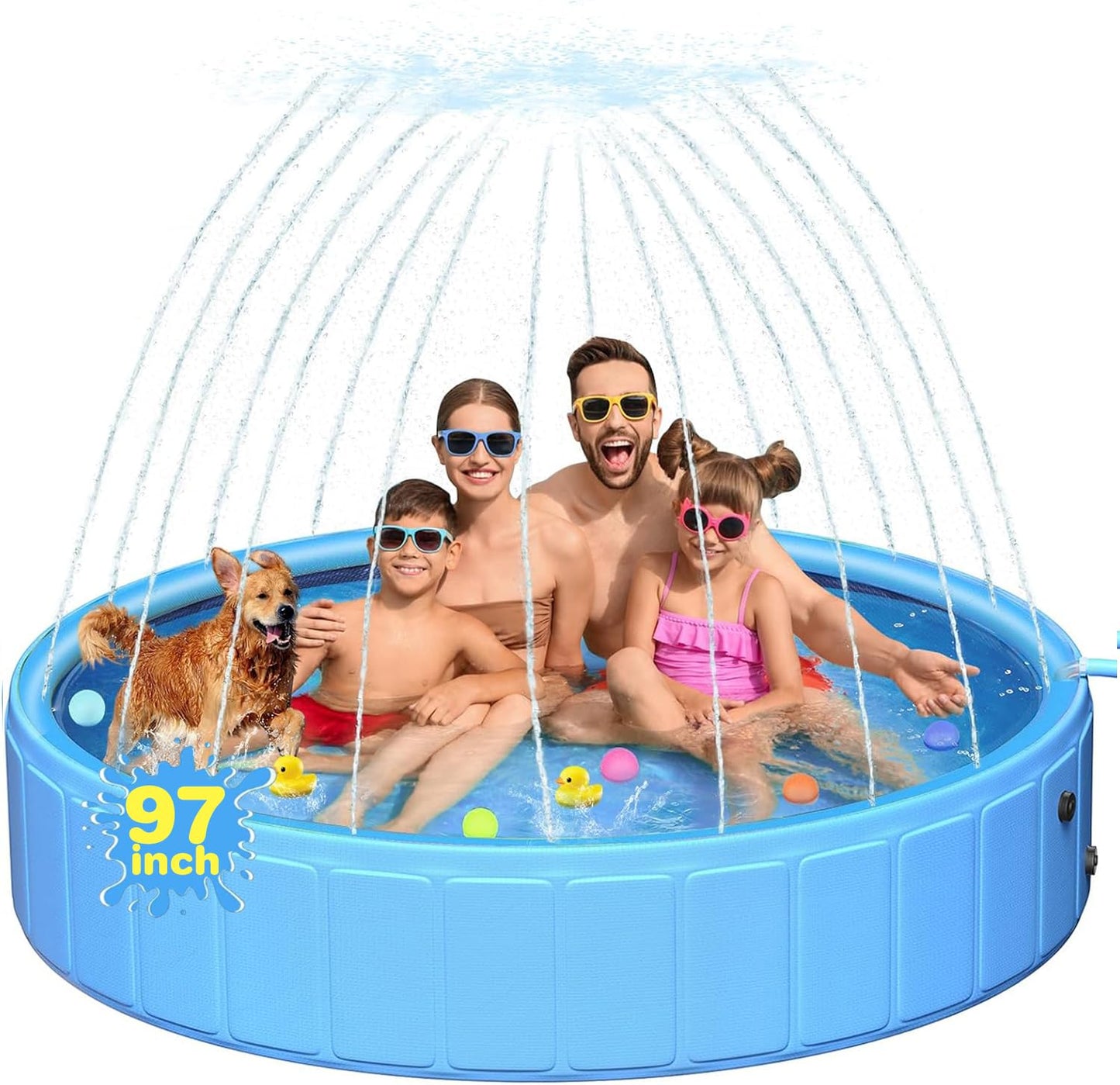 97In Extra Large Anti-Slip Dog Pool with Sprinkler, Sturdy 2-in-1 Foldable Hard Plastic Kiddie/Kids Swimming Pool, Summer Swimming Bath Tub for Kids/Large Dogs/Pets