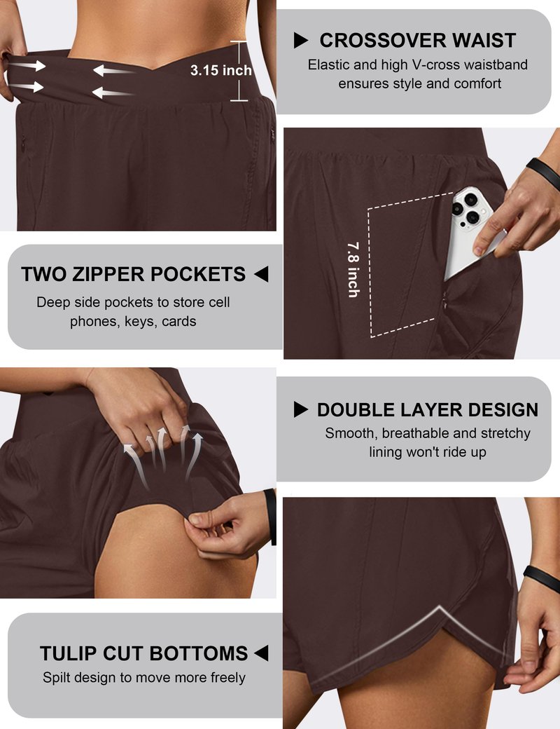 Blooming Jelly Women's Workout Shorts Athletic Running Crossover High Waisted Gym Sport Yoga Shorts with Zipper Pockets (Brown,Small)