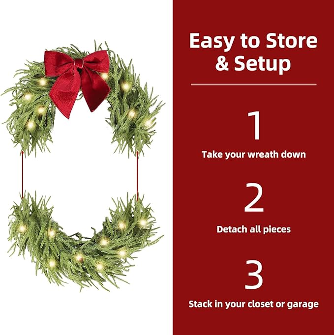 30 Inch Christmas Wreaths for Front Door with Lights,Lighted Norfolk Pine Door Wreath,Prelit Real Touch Artificial Green Winter Wreath with Large Burgundy Velvet Bow for Indoor Outdoor Decor