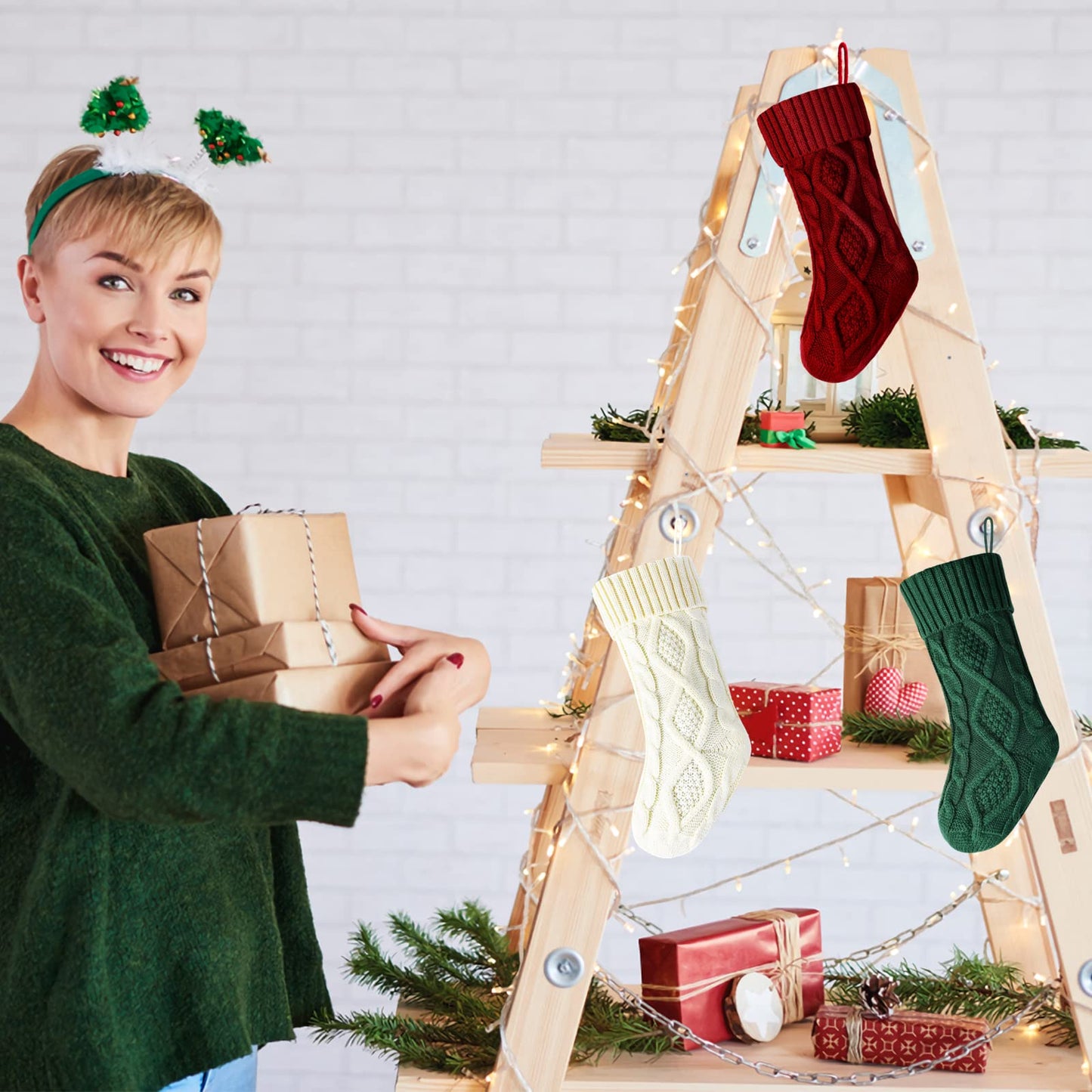 Kunyida 3PCS 14" Unique Burgundy and Ivory White and Green Knitted Christmas Stockings