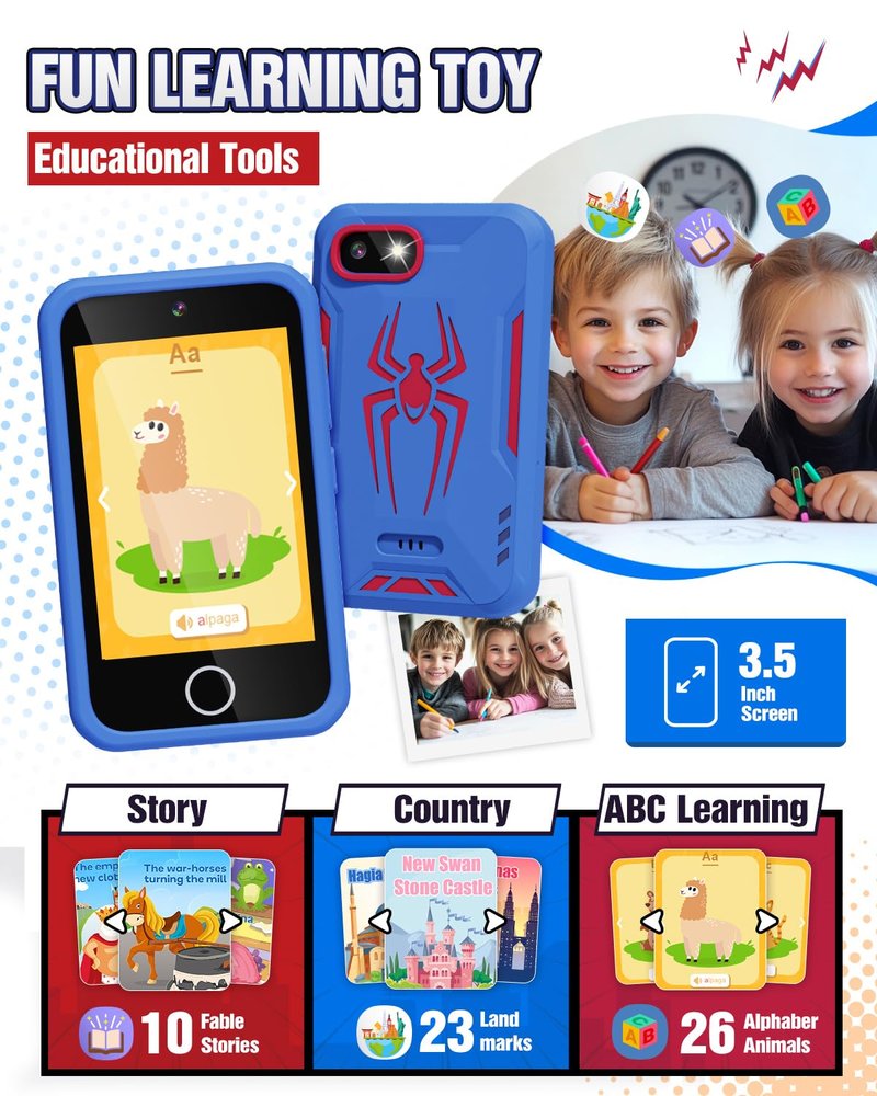 Kids Smart Phone, Spider Toys Phone for Boys 3 4 5 6 7 8 Years Old, Dual Camera, 3.5'' Touchscreen Kid Phones, Educational Toy for Toddler Kids Christmas Birthday Gifts, ABC Learning, Habit Tracker