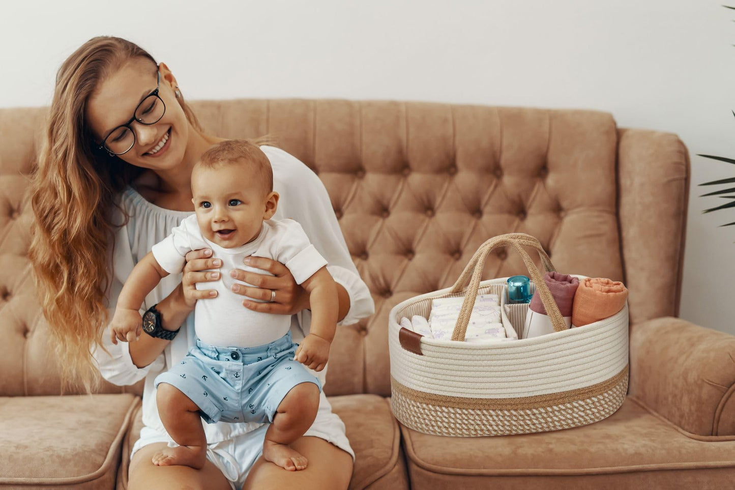 DECOMOMO Baby Caddy Organizer, Diaper Caddy Basket, Baby Baskets for Baby Shower (Spiral Beige & White, Large)