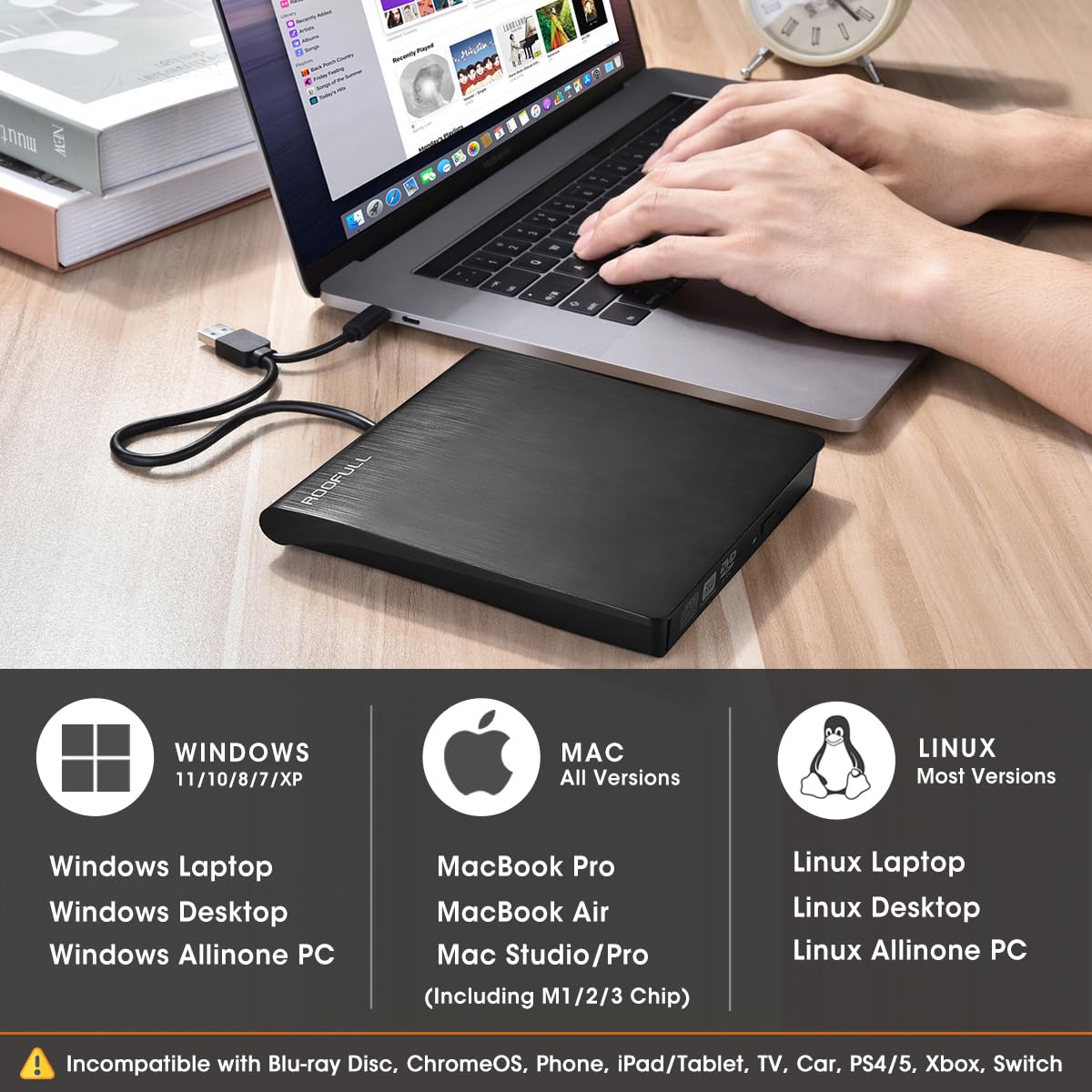 ROOFULL External CD DVD +/-RW Drive for Laptop Mac, USB 3.0 & USB-C CD DVD Disc Reader Writer Burner CD-ROM Portable DVD Player with Carrying Case for Windows 11/10 PC MacBook Pro Linux Computer