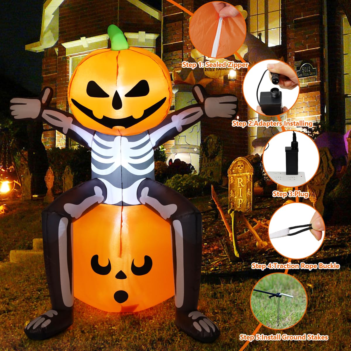 COMIN Halloween Inflatables 5FT Skull Skeleton Pumpkin Head with Built-in LEDs Blow Up Yard Decoration for Holiday Party Indoor, Outdoor, Yard, Garden, Lawn