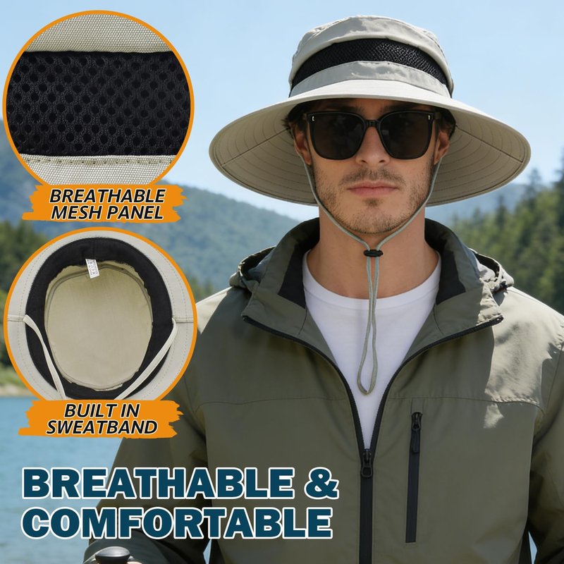 Men's UPF 50+ Waterproof Wide Brim Boonie Hat, Sun & Rain Protection Beige