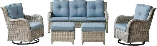 Rilyson Patio Furniture Swivel Chairs Set - 5 Piece Wicker Rattan Outdoor Sectional Conversation Sets with 2 Rocking Swivel Chairs,2 Ottomans and 1 Sofa for Porch Deck Garden(Light Grey/Sky Blue)