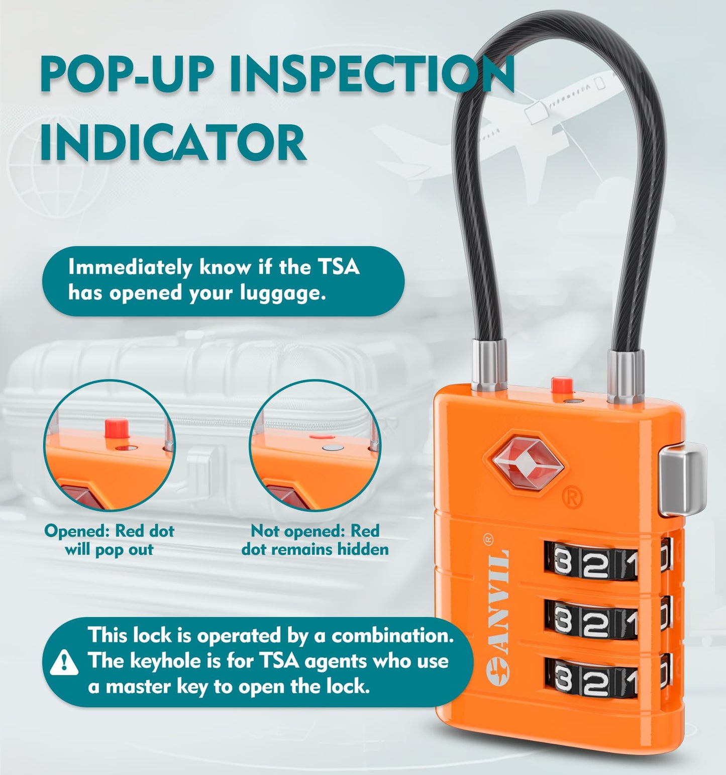 ANVIL Luggage Locks - TSA Approved, Advanced Core, Alert Indicator. Great Suitcase & Backpack Lock for Travel & Daily Use (2, Orange)
