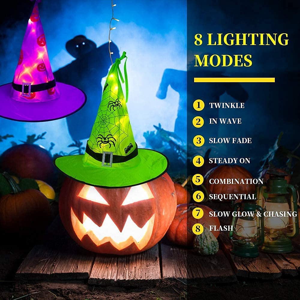 MZD8391 Halloween Decorations Lighted Witch Hats, 8Pcs Hanging Glowing Witch Hats 44ft Halloween Outdoor Lights String with 8 Lighting Modes for Outdoor, Garden, Yard, Tree