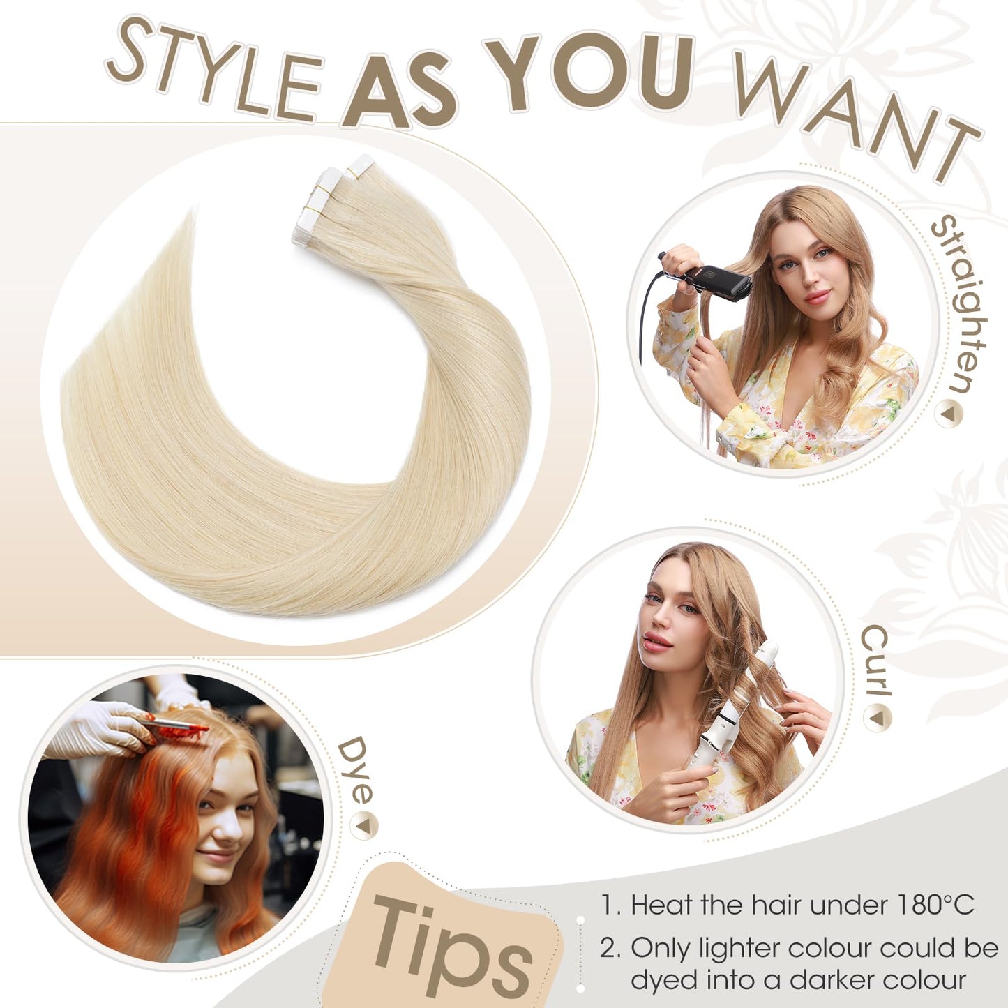 Elailite Tape in Hair Extensions Human Hair 40 pcs 100g Full Head - Seamless Invisible Skin Weft Real Remy Hair Straight (#60 Platinum Blonde, 16 Inch)