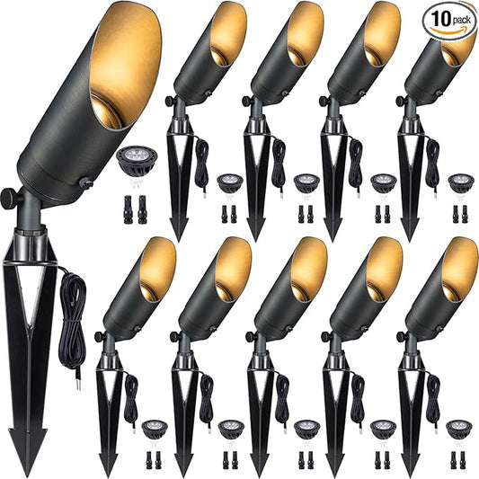 Gardenreet Low Voltage Spotlight - Outdoor Light Fixture 12V AC/DC, Brass Landscape Lights LED Hardwired, Weather Proof Bronze for Flag Wreath with Warm White MR16 Removable Bulbs (10 Pack)