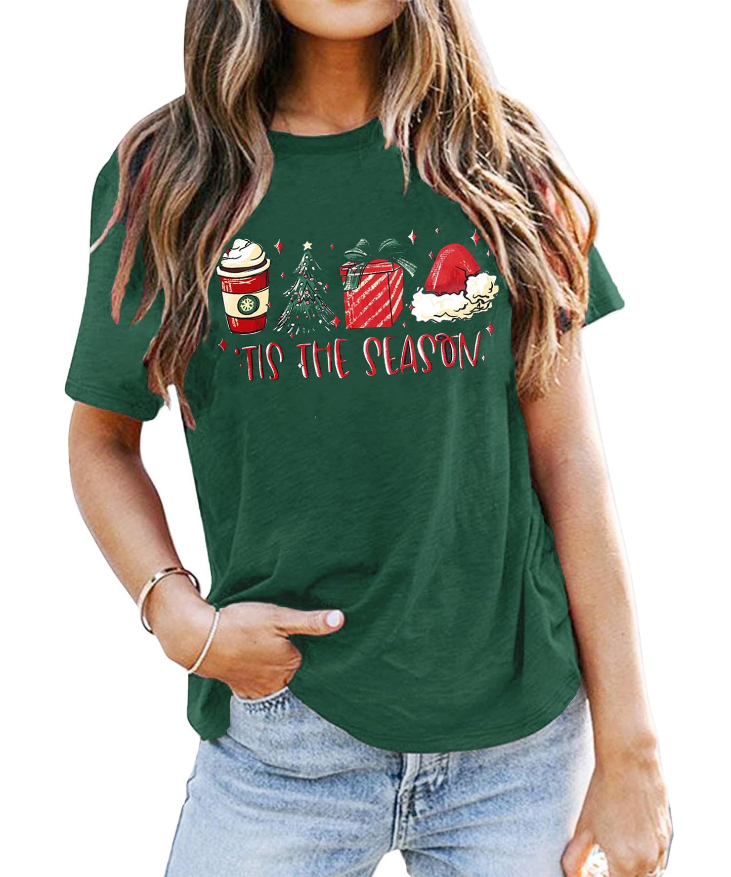 YZMI Tis The Season Christmas Tree T-Shirt Latte Coffee Xmas Gift Santa Hat Tee Tops Green L