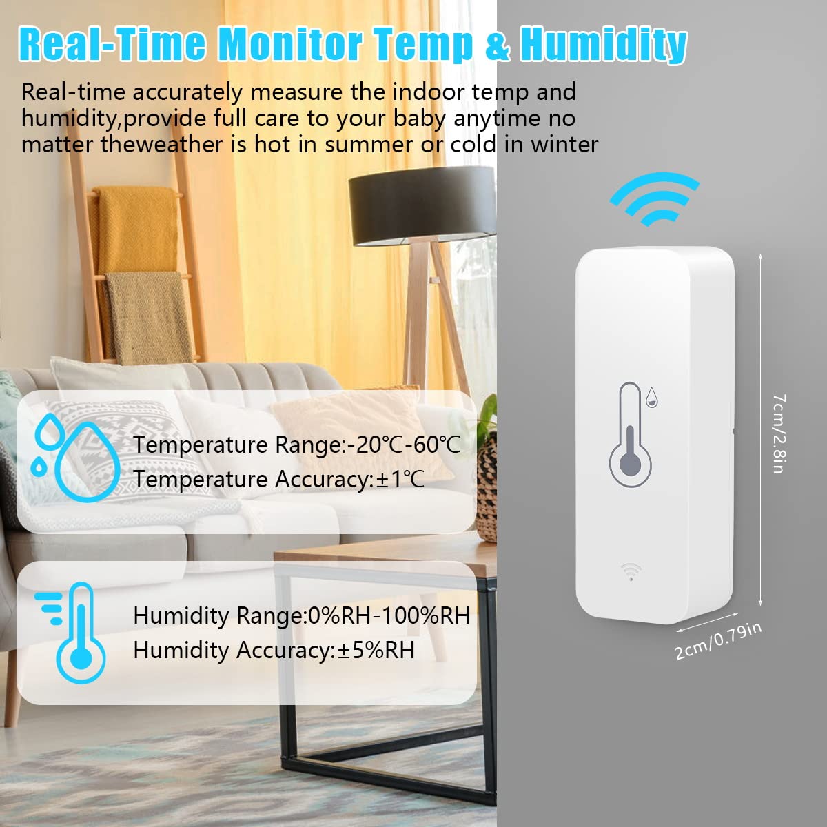 WiFi Humidity Temperature Monitor, Smart Life Thermometer Hygrometer Sensor with Remote Monitor and Notification Alert, High Precision Alexa Room Thermometer Indoor for Baby, Pet, Garden, Office