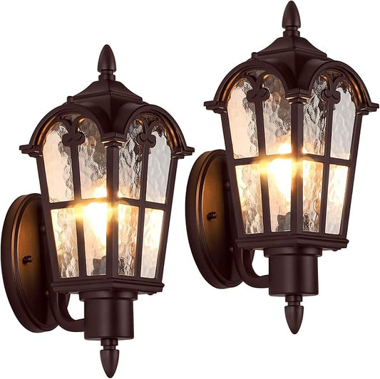 Sucolite Outdoor Wall Light Fixtures, Brown Exterior Waterproof Porch Lights Wall Lanterns, Vintage Outside Wall Sconces with Water Ripple Glass for House Front Door Garage, 2 Pack