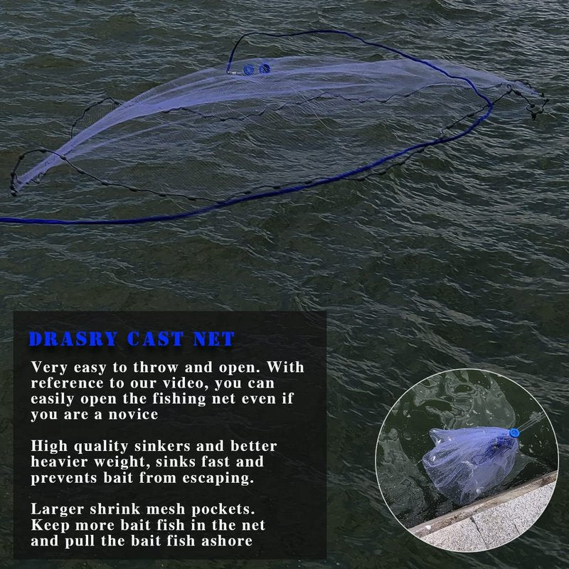 Drasry Saltwater Fishing Cast Net 3/8 and 1/4 Mesh with Heavy Duty Gray Sinker American Monofilament Fish Throw Net for Bait Trap 3FT 4FT 5FT 6FT 7FT 8FT 9FT 10FT Radius 3/8, 10FT Radius, 300
