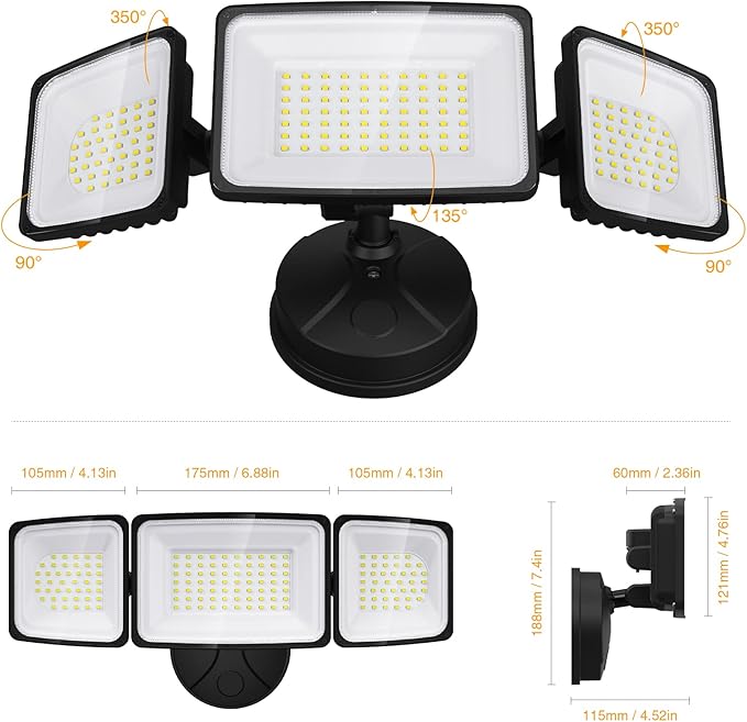 Onforu 100W Flood Lights Outdoor, 2 Packs Outdoor Security Lights 9000LM, 6500K LED Outdoor Flood Lighting Fixture, 3 Adjustable Heads, IP65 Waterproof Exterior Floodlight for Yard,Garage,Eave Mount