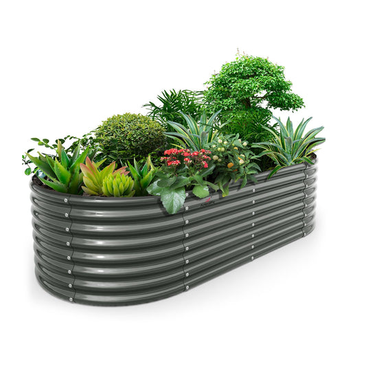 A ANLEOLIFE 8x4x2ft Galvanized Raised Garden Bed Kit, Oval Metal Deep Root Planters for Outdoor Plants Vegetables Flowers Herb, Large Bottomless, 478 Gallon Capacity- Quartz Grey