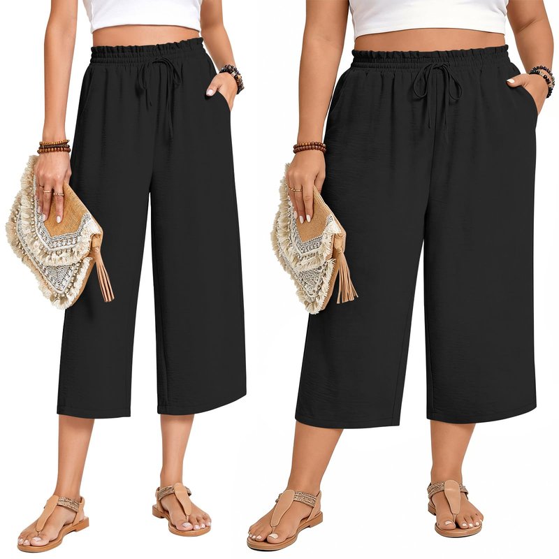 Anyhold Womens Capri Pants Loose High Waisted Wide Leg Lounge Pants Drawstring Casual Palazzo Trousers with Pockets X-Large, Black
