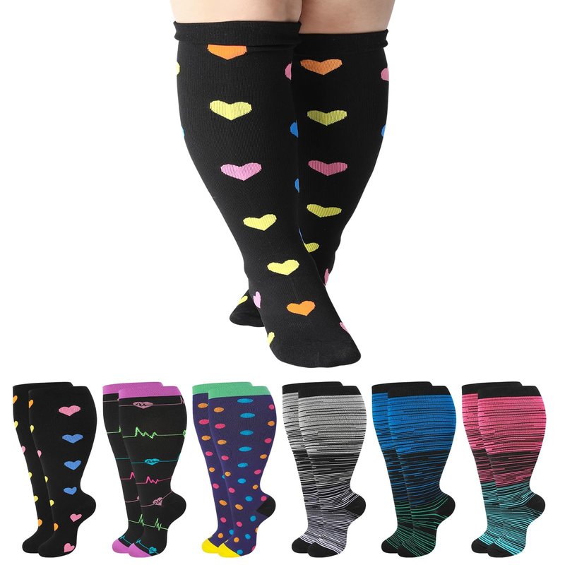 Jspupifip 6 Pairs Plus Size Compression Socks for Women Wide Calf Extra Large Knee High Support for Travel Yoga Running Circulation, 3X-Large