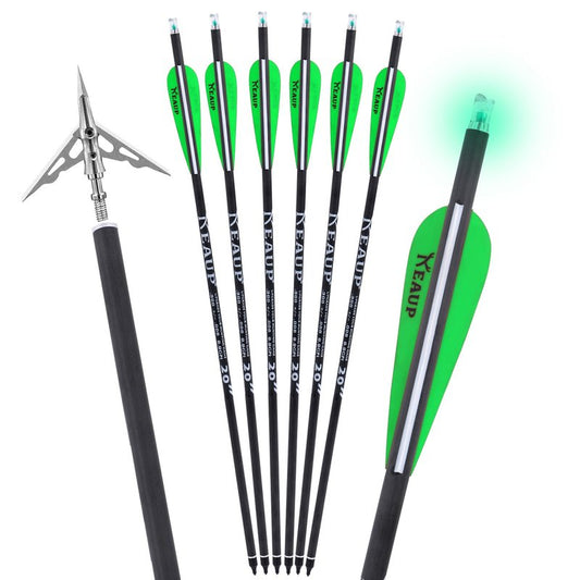 KEAUP 20 inch Carbon Crossbow Bolts with Crossbow Broadheads and Lighted Nocks, 6 Pack Hunting Carbon Crossbow Arrows for Archery Practice and Hunting