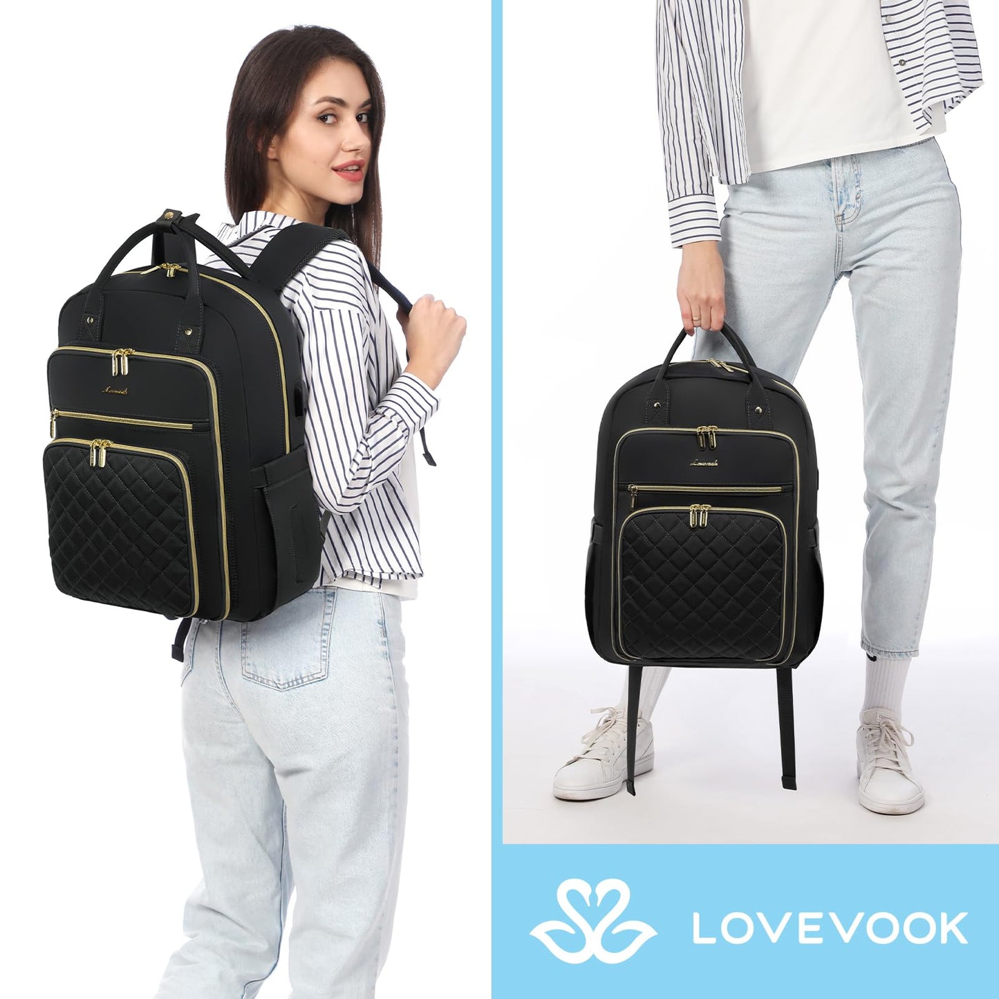 LOVEVOOK Laptop Backpack Women 15.6 Inch, Backpacks Womens, Rucksack Bag for School College Work Travel University, Ladies Lightweight Commuter Bags with USB Charging Port, Black