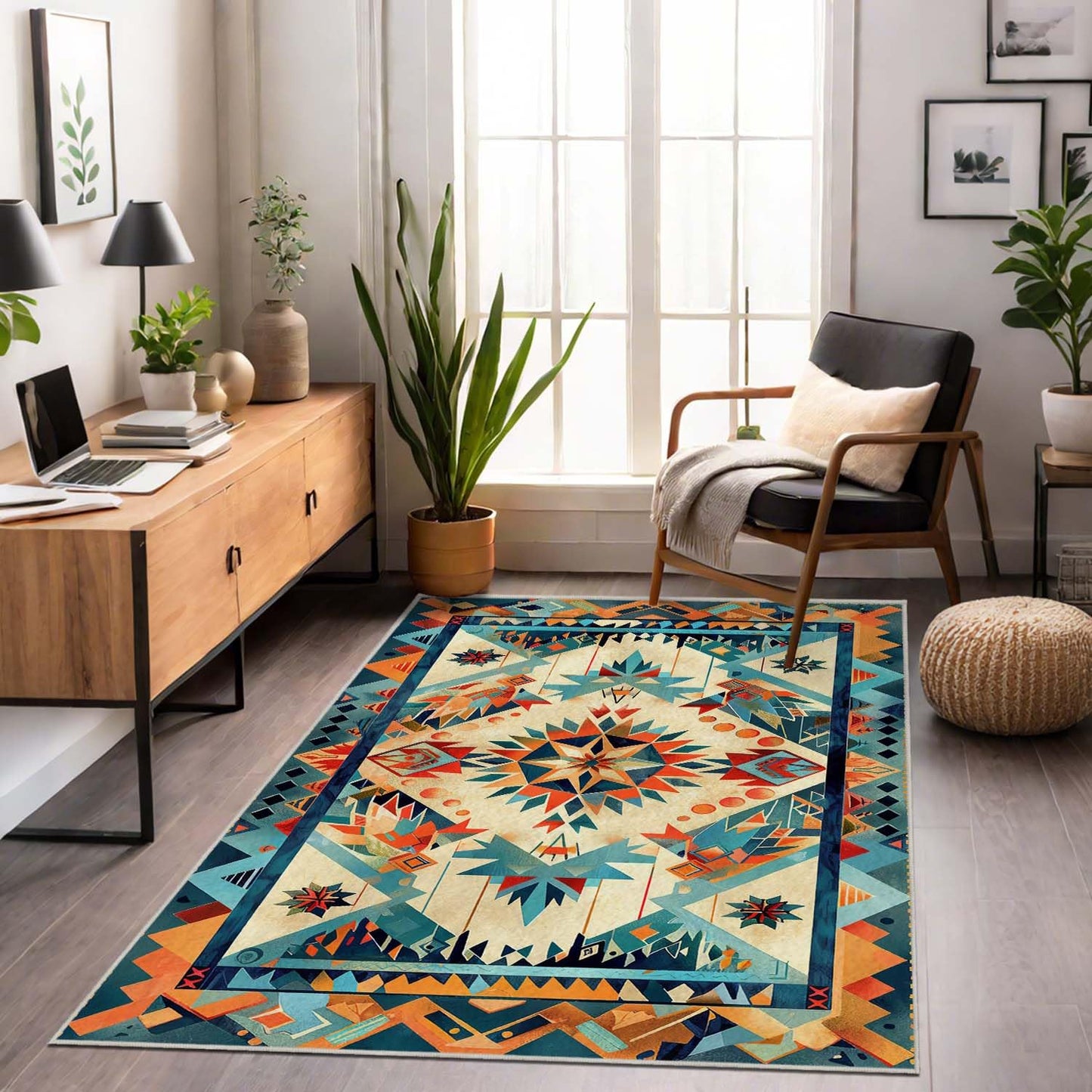 5x7 Aztec Rug Western Area Rug Southwestern Tribal Orange Blue Bedroom Ultra-Thin Soft Low Pile Large Carpet Living Room Non Slip Dining Room Stain Resistant Office Washable Machine