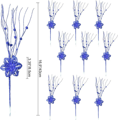 FuleHouzz 10pcs Artificial Glitter Poinsettia Flower Berry Stem Ornaments Christmas Tree Picks Branches for Xmas Tree Decorations Gift Home Wedding Holiday Party Decor, Royal Blue