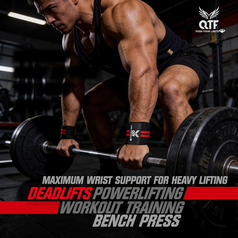 QTF Wrist Wraps for Weightlifting - Heavy-Duty 12" Support with Thumb Loop | Ideal for Strength Training & Bodybuilding