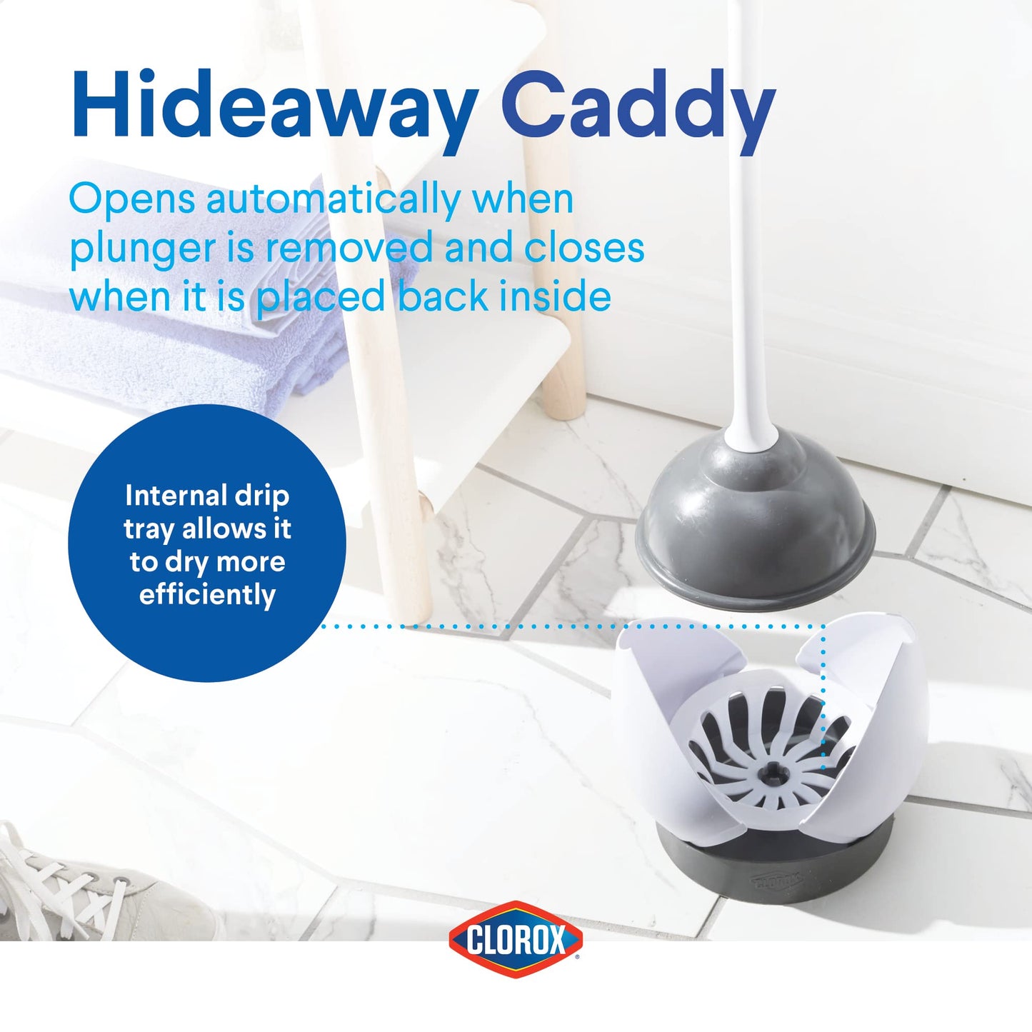 Clorox Toilet Plunger with Hideaway Holder Caddy Heavy-Duty Compact Design with Non-Skid Rubber Base for Bathroom Convenient Storage Toilet Unclogger, 6.5x19.5-Inch, White