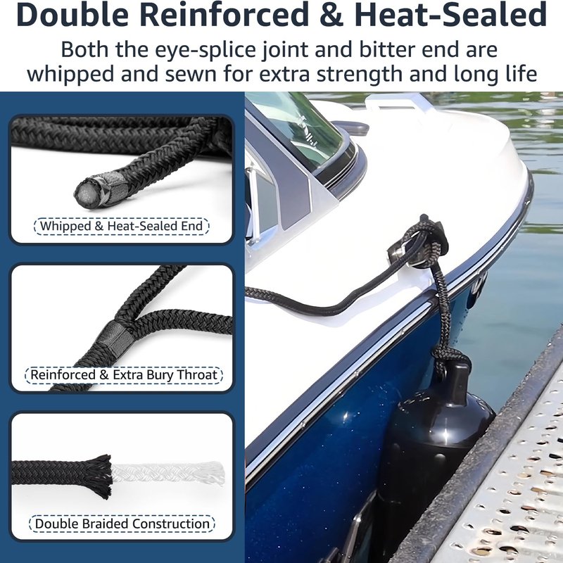 PACTHSD 4 Pack 3/8 Inch x 10 ft Boat Fender Lines - Marine Grade Nylon Boat Rope with 6" Loop for Tying Fenders and Docking - Double Braided Dock Lines, Easy Handling, Fray Resistant, Black