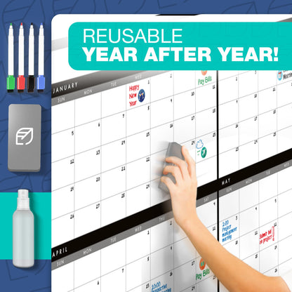 Calendar Whiteboard for Wall, 38" x 68" - Dry Erase, Undated, Yearly, Reusable - 12 Month 2025 Big Calendar for Home, Classroom & Office, Includes Markers, Erasers & Accessories
