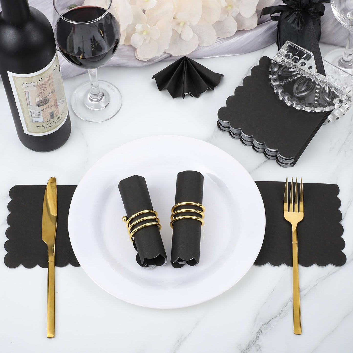 NatNarr 120 Pcs Cocktail Napkins Black Halloween Napkins Disposable Scalloped Bar Napkin Beverage Dessert Napkin for Halloween, Birthday, Coffee, Bar, Kitchen, 5 x 5 Inch