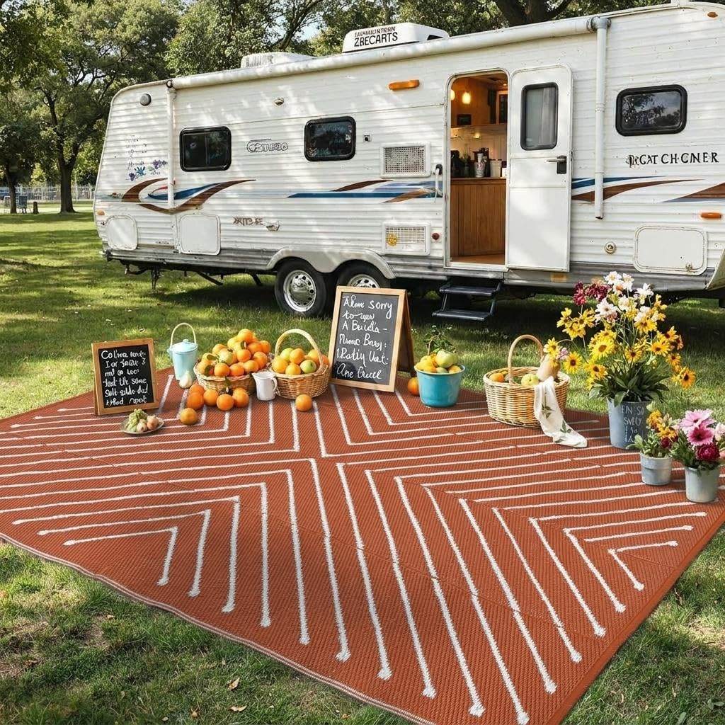 Garvee 5x8 Striped Outdoor Waterproof Rug - Reversible Modern Striped Plastic Straw Patio Mat, Portable RV Camping Rug for Picnic, Beach, Balcony, Deck - UV Protected & Easy to Clean, Orange&White.