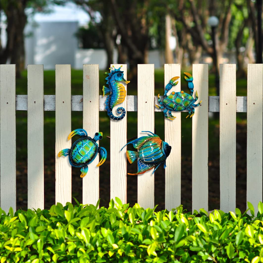 Meduofon Set of 4 Blue Metal Outdoor Wall Art Decor, Turtle, Fish, Crab, Seahorse, Coastal Style, Suitable for Indoor/Outdoor Use