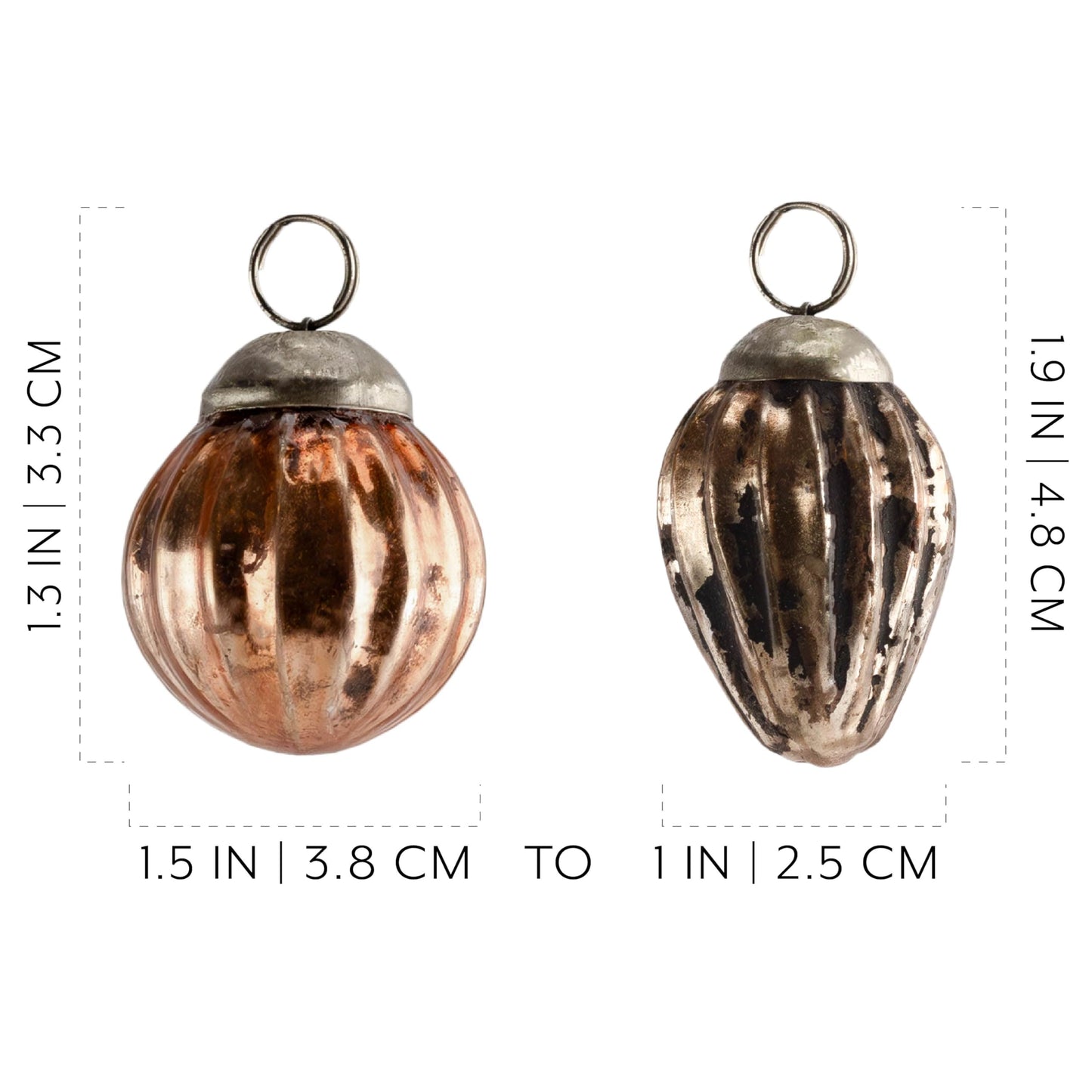AuldHome Mercury Glass Finial Ornaments (Set of 12, Copper, Small); Distressed Metal Antique Style Christmas Tree Decorations; 1.3 to 2-Inch Size