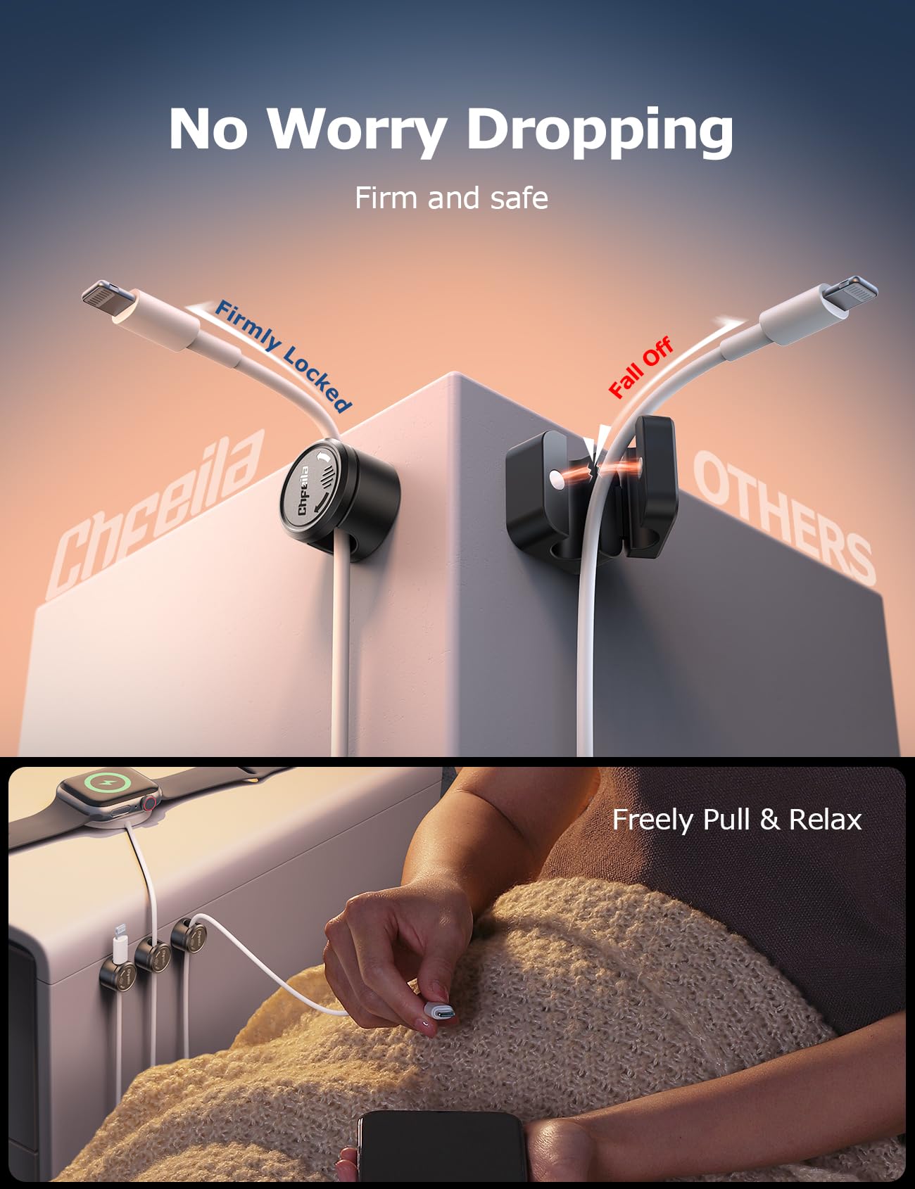 9 Pack Cord Organizer, Chfeila [360°Rotating Twist-Lock] Magnetic Cable Management Clips, Adhesive Phone Charging Keeper Wire Cord Holder for Nightstand/Car/Wall, Office Desk Accessories Decor (Black)