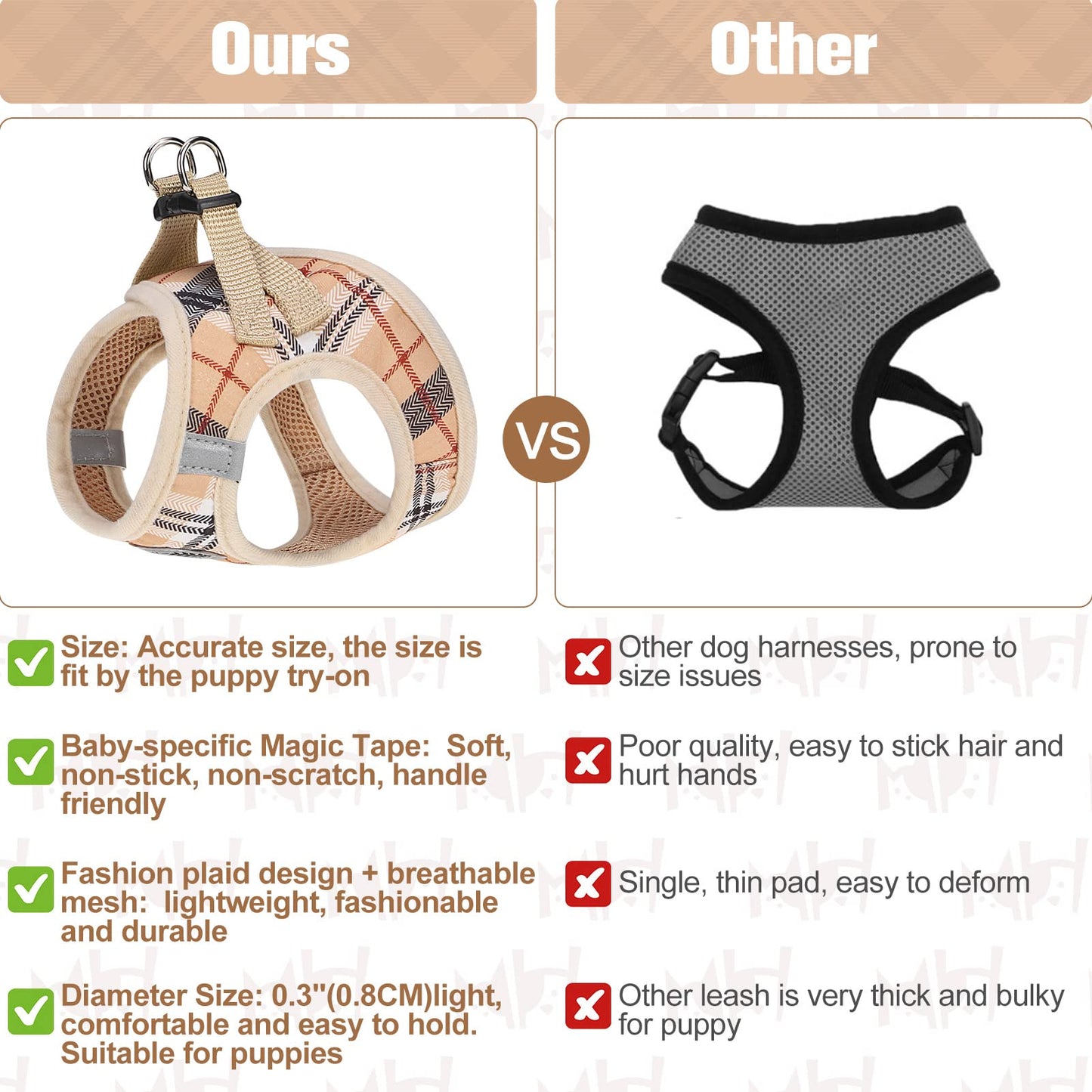 BEAUTYZOO Small Dog Harness and Leash Set,Step in No Choke No Pull Soft Mesh Dog Harnesses Reflective for Extra-Small Medium Puppy Dogs and Cats, Plaid Dog Vest Harness for XS S Pets, Beige XS