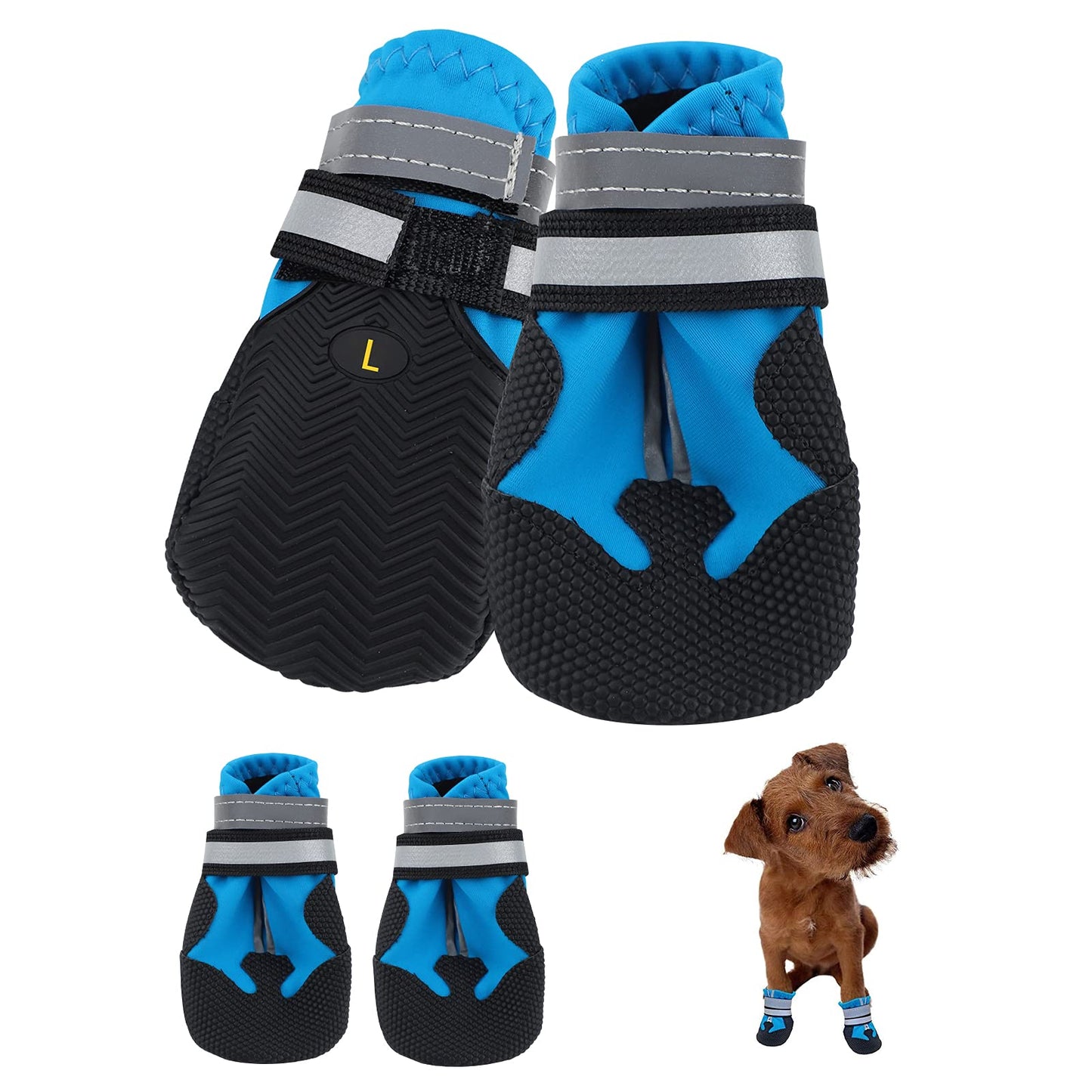 Dog Boots, Set of 4 Waterproof Dog Shoes with Reflective Straps Anti-Slip Sole Outdoor Paw Protectors Puppy Shoes for Small Medium Dogs Autumn Winter (Blue, L)