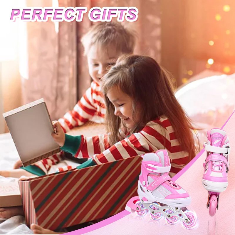 Kids Inline Skates for Girls Boys with All Wheels Illuminating, Adjuatable Mens and Womens Roller Skates Blades for Beginner in Outdoor and Indoor (Pink&White, Medium - Big Kids)