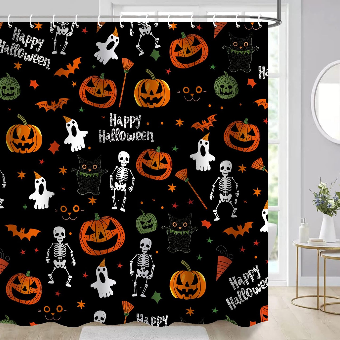 Cnayuep Halloween Shower Curtain, Black Fall Shower Curtains for Bathroom, Horror Skeleton Halloween Curtains Ghost Shower Curtain Set for Bathroom Decor, Waterproof Bathroom Curtain 72"X72"