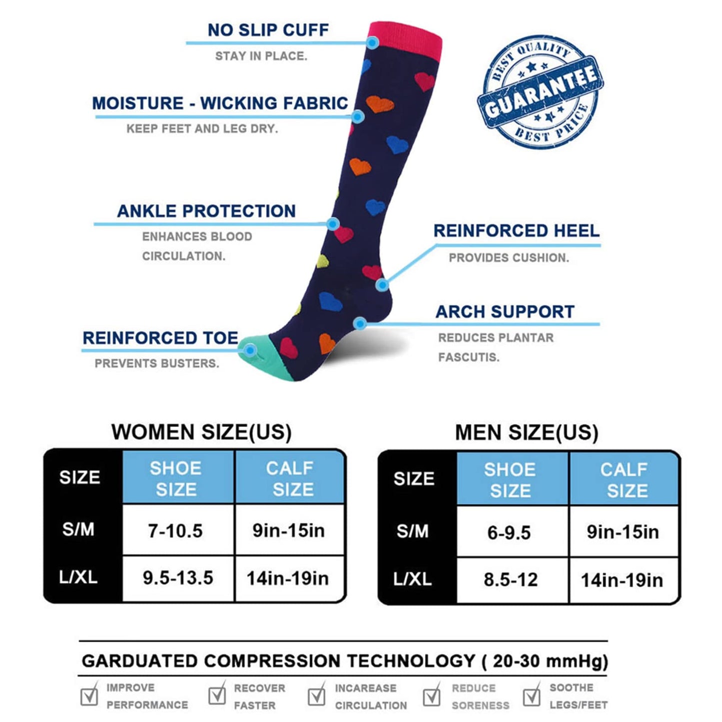 YYW Compression Socks for Men & Women 7 Pairs Best for Running Medical Sports Flight Travel Pregnancy 20-25mmHg (Compression Socks 1,S-M)