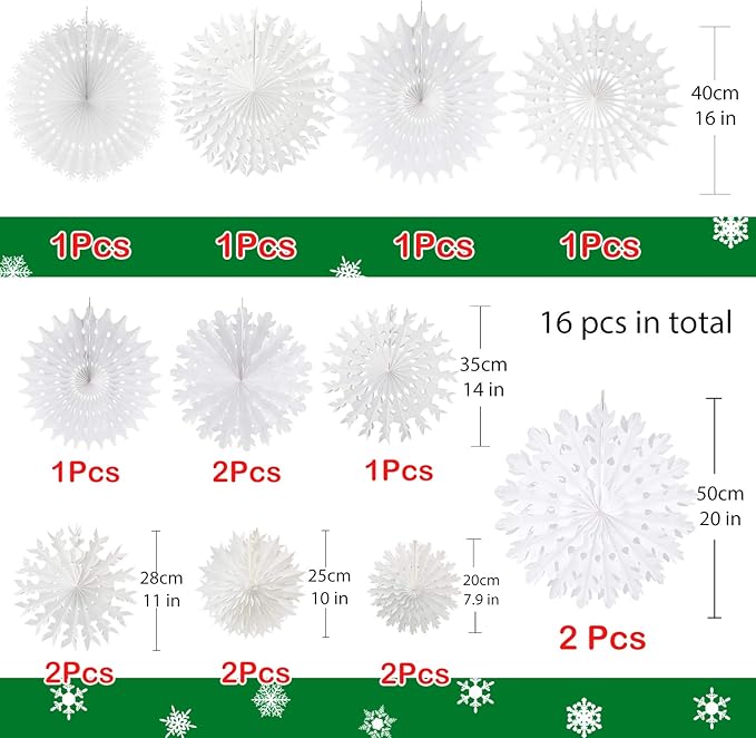 CHRORINE 16 Pcs Christmas Winter White Paper Snowflake Decorations, Christmas Snowflakes Hanging Decoration, Frozen Birthday Party Supplies Winter Wonderland Party Decorations (Mixed 7.8"-20")