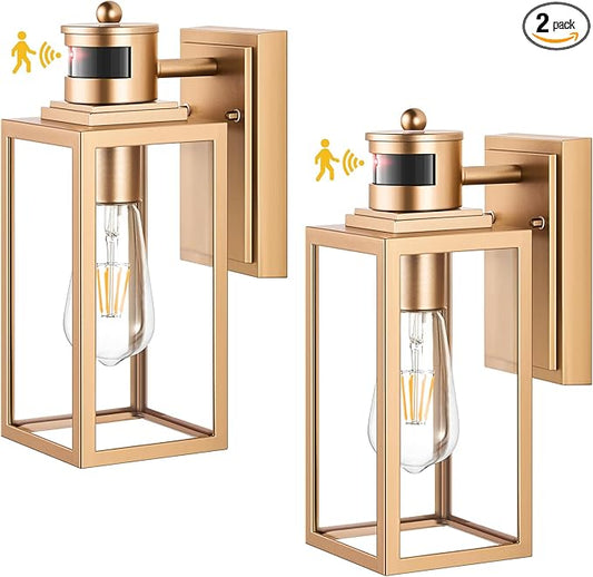 VIANIS 2 Pack Gold Outdoor Wall Lights, Motion Sensor Exterior Garage Lighting Fixture for House, Modern Dusk to Dawn Front Porch Light, Anti-Rust Waterproof Outdoor Wall Lantern Wall Mount Sconce